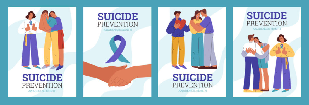 Month of suicide prevention vector awareness posters set, people hugging crying depressed person, psychological help - Powered by Adobe