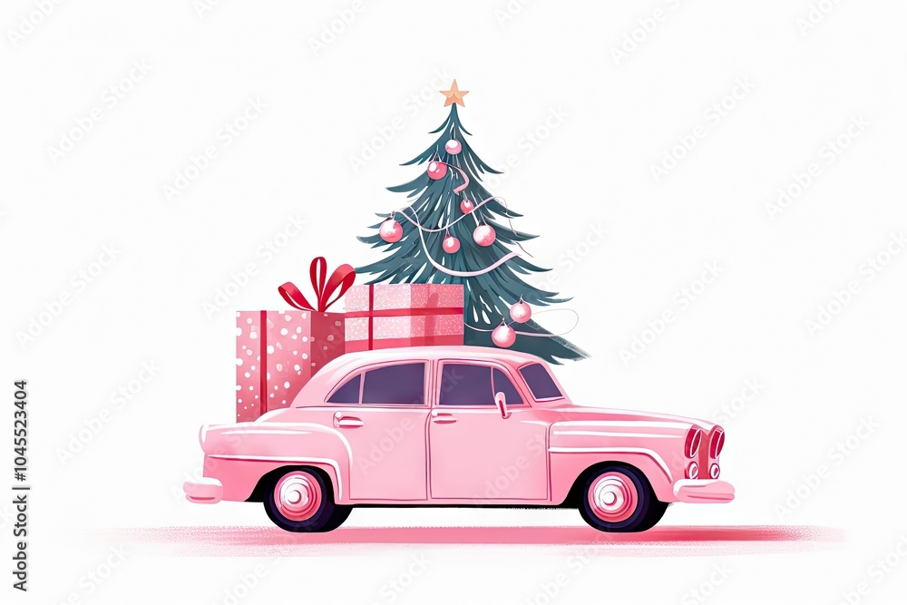 Wall mural Christmas tree and pink car vehicle.