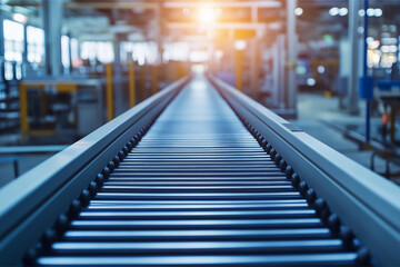 Fototapeta premium Automated roller conveyor of automatic production line of manufacturing process transportation. 