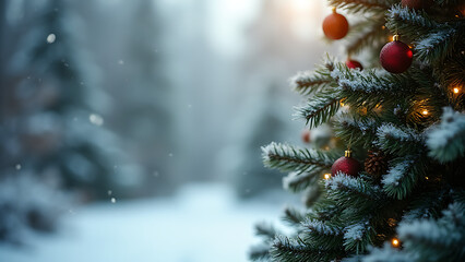 A Christmas fir tree decorated with branches and pine cones makes a beautiful winter background scene.