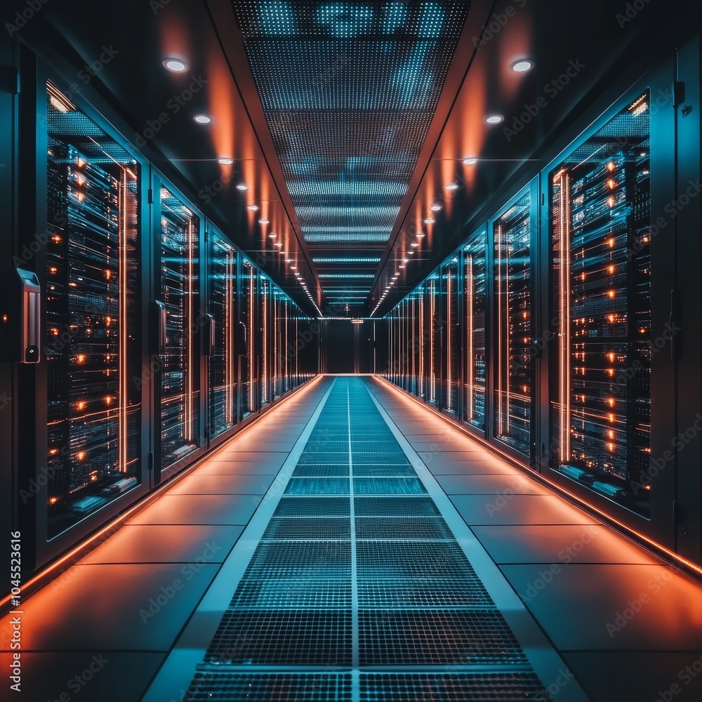 Poster servers row. perspective view in modern data center with futuristic glowing red supercomputers
