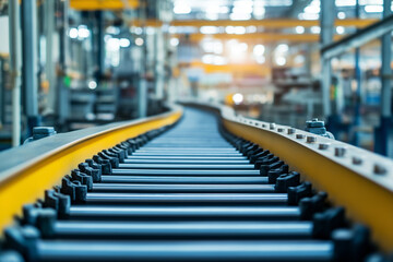 Obraz premium Automated roller conveyor of automatic production line of manufacturing process transportation. 