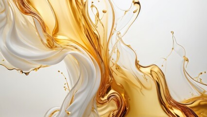 Abstract fluid art featuring swirling gold and white colors with dynamic movement.