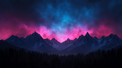 Obraz premium A stunning twilight scene showcasing majestic mountains against a dark sky illuminated by vibrant pink and blue hues, creating a dramatic atmosphere.