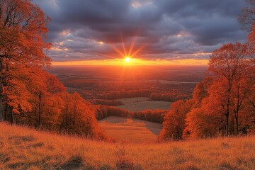 A breathtaking sunset over a vibrant autumn landscape with colorful foliage.