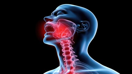 A conceptual illustration of a human experiencing throat discomfort while shouting in a dark setting at nighttime