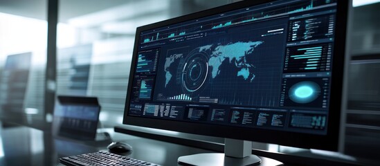 A computer monitor with a world map and data charts on the screen.