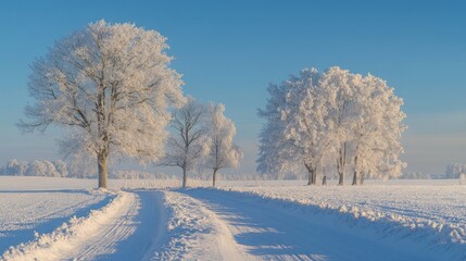 Obraz premium In a winter landscape in Germany, a road covered in snow and trees covered in snow