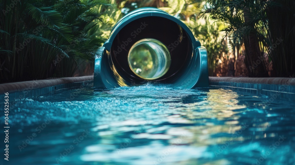 Poster a water slide in the middle of a pool, great for summer fun and recreation