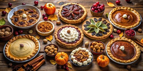 Fototapeta premium A Thanksgiving Feast with an Array of Pies, Pumpkins, Cranberries, and Nuts on a Rustic Wooden Table