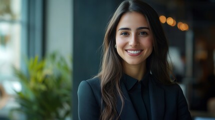 Fototapeta premium Portrait of confident businesswoman at corporate office smiling at camera