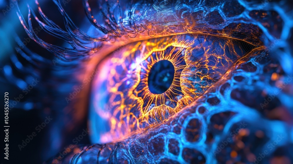 Poster a mesmerizing close-up of an eye illuminated with vibrant colors and intricate patterns during a cre