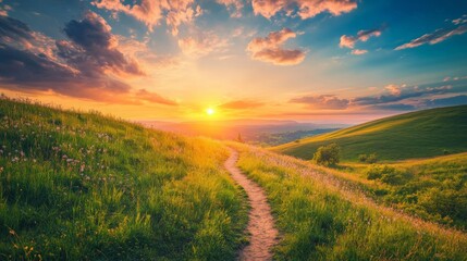 Fototapeta premium Scenic Pathway Leading Through Green Hills Under a Colorful Sunset Sky