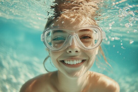 A person underwater in a pool wearing goggles and scuba gear, possibly for recreational or educational purposes