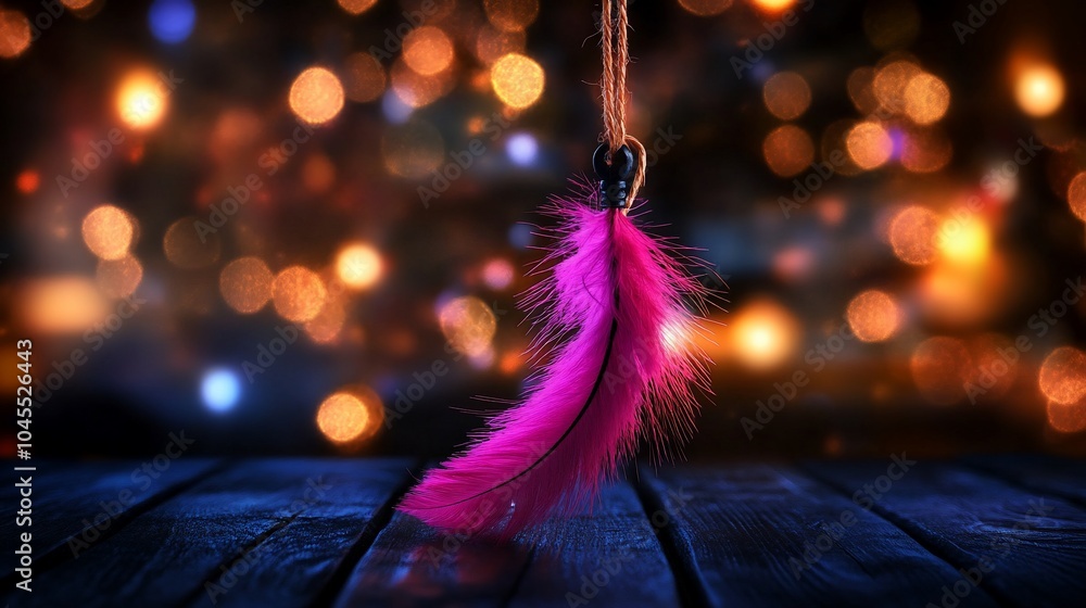 Aufkleber single pink feather hanging from string against a background of colorful bokeh lights.
