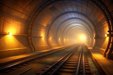 Hidden underground metro tunnels with sleek lines and eerie ambient lighting.
