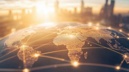Fototapeta premium A global map with interconnecting lines, showcasing international trade routes and financial exchanges.