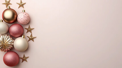 Colorful Christmas ornaments and stars arranged on a soft pastel background, creating a festive and joyful atmosphere for holiday celebrations.