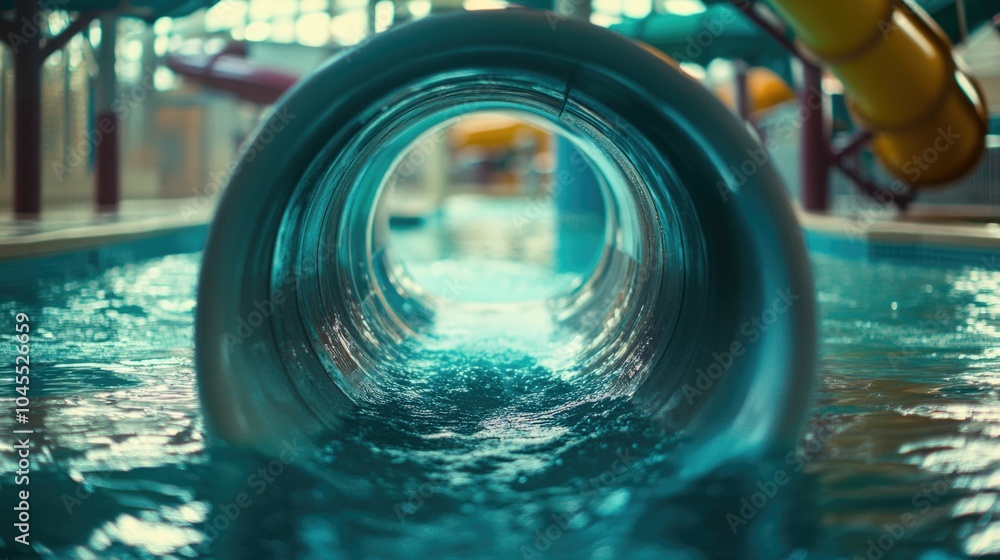 Poster a close-up shot of a water slide in a pool, ideal for illustrating summer fun and recreation
