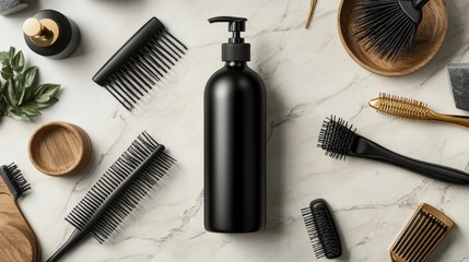 An elegant hair product mockup is showcased in a stylish salon, surrounded by premium hair tools