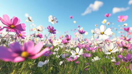 Obraz premium Field of Blooming Cosmos Flowers in Sunshine