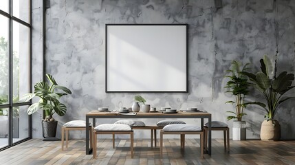 Minimalist Steel and Fabric Dining Room with Clean Interior Design and 3D Rendering Mockup