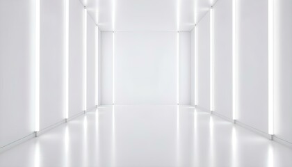 Minimalistic abstract white background stage. Neon light from lamps on walls of circular room. 3d illustration. White minimalistic abstract. 