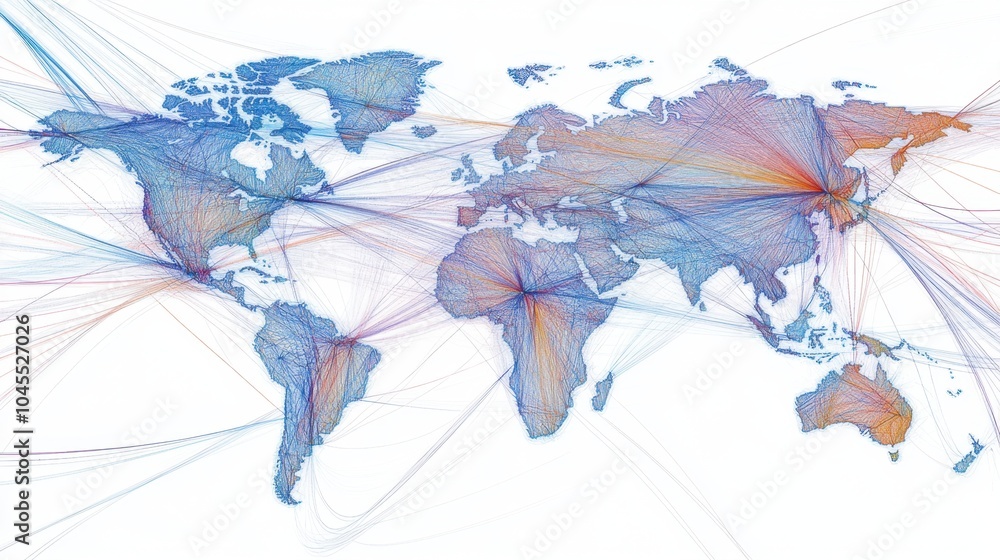 Poster a global map with thin lines representing interconnected business and trade networks between countri