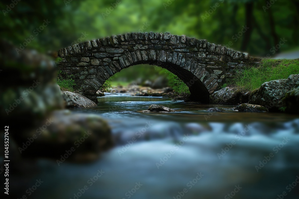 Aufkleber a stone bridge crossing a peaceful stream in a serene forest environment
