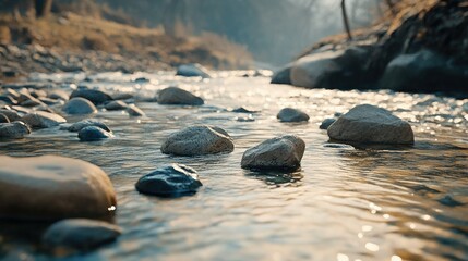 Tranquil River Stones Under Soft Sunlight