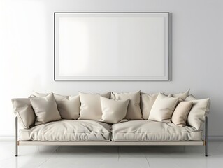 Fototapeta premium Minimalist Steel and Fabric Sofa in Clean,Contemporary Interior with Frame Mockup