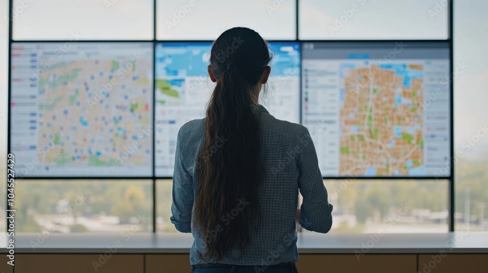 Aufkleber a high-tech dispatch center with a large screen tracking real-time logistics data, operators in focu