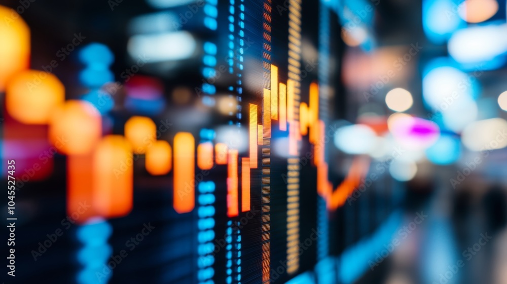 Poster stock market data trends with ups and downs charts and numbers on screen. blurred bokeh background