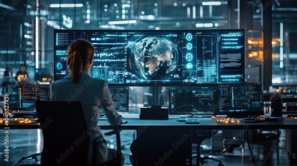Aufkleber a high-tech dispatch center with a large screen tracking real-time logistics data, operators in focu