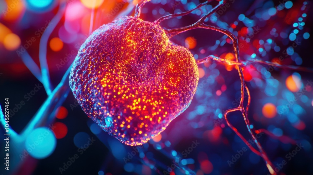 Poster a vibrant display of neural connections illuminating a heart-shaped structure in a futuristic, color