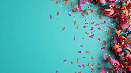 Colorful streamers and confetti scattered on a vibrant turquoise background, perfect for celebratory occasions and festive events.