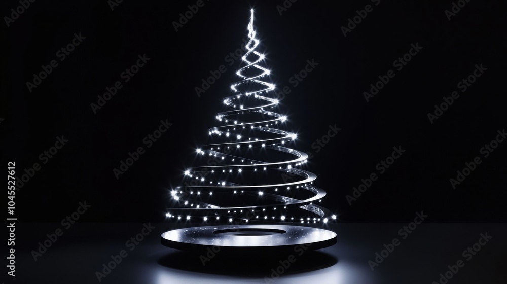 Poster the artwork showcases a contemporary christmas tree created with spiraling lines of light, illuminat