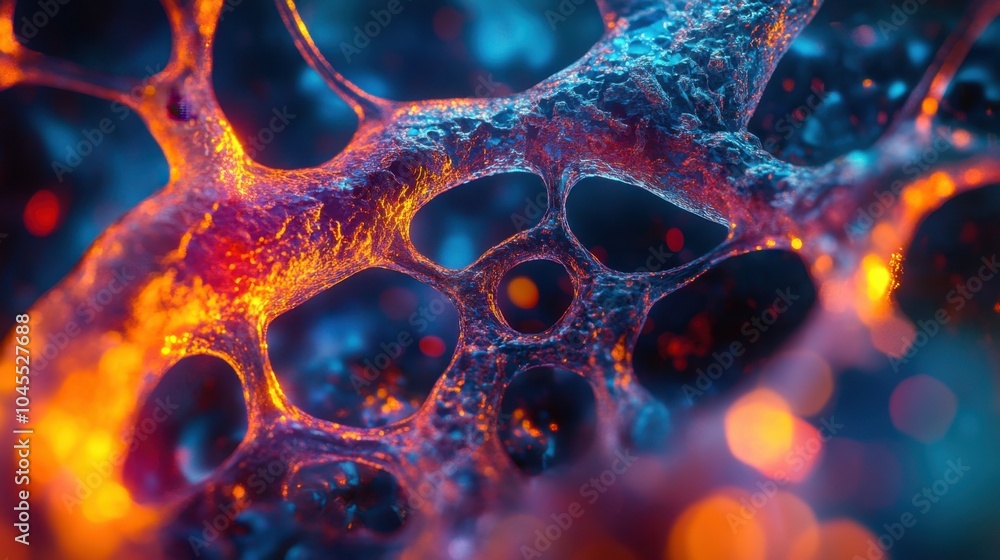 Poster intricate network of glowing textures in vibrant hues capturing the essence of cellular structures i