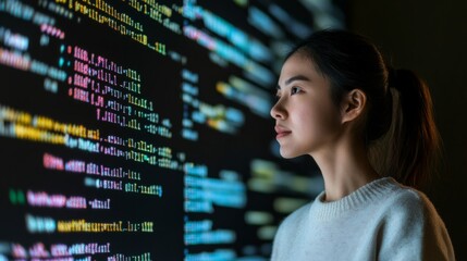 The integration of technology and human expertise in software development is presented by a young Asian woman programmer in front of an LCD screen with code projected