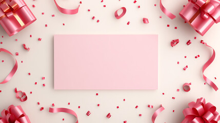 Elegant flat lay of pink gifts with ribbons and a blank card on a white background, perfect for party invitations or special occasions.