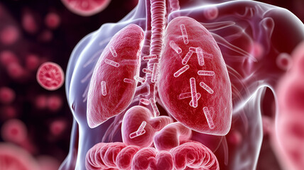 3D medical illustration of whooping cough infection caused by Bordetella pertussis bacteria spreading through the lungs and respiratory system

