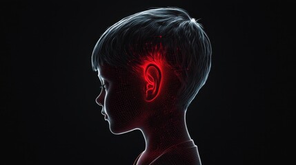 In a captivating moment, a child gazes pensively against a dark backdrop, with a striking red glow illuminating the silhouette of their ear