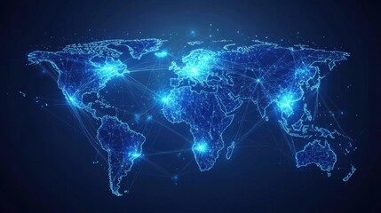A high-tech world map with glowing blue lines linking various countries, symbolizing interconnected global commerce.