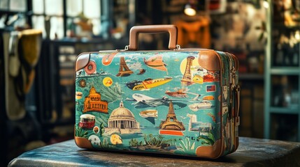 Travel suitcase adorned with colorful travel stickers, showcasing a variety of destinations and themes, emphasizing the spirit of adventure and exploration