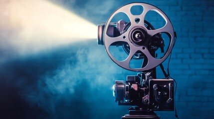 Naklejka premium Vintage film projector emitting light with dramatic atmosphere