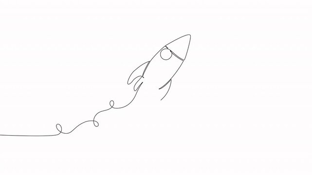 Video. One continuous editable line drawing of a retro spaceship flying upwards. Rocket of a spaceship being launched into space. Animation on white background 4K.
