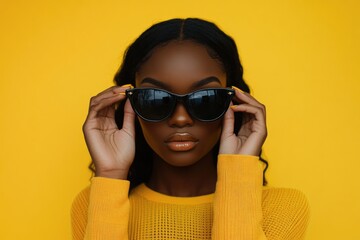 A woman wearing a bright yellow sweater and sunglasses, possibly on her way to a casual outing or enjoying a leisurely day