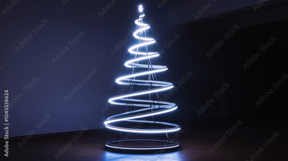 Poster a modern christmas tree, made of a single strand of white lights, spirals up in a tree shape. the tr
