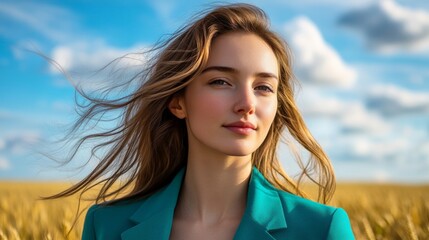 Young Woman with Flowing Hair in a Wheat Field Under a Blue Sky