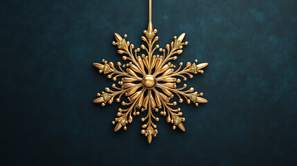 Intricate gold snowflake ornament against a deep teal background, perfect for seasonal decor and holiday inspiration.